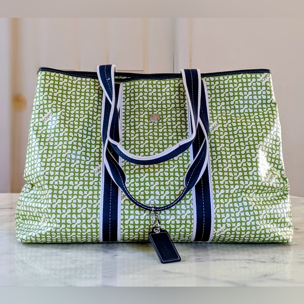 NWOT. Coach Stylish Green Logo Patterned and Blue Stripes Large PVC Tote Bag.